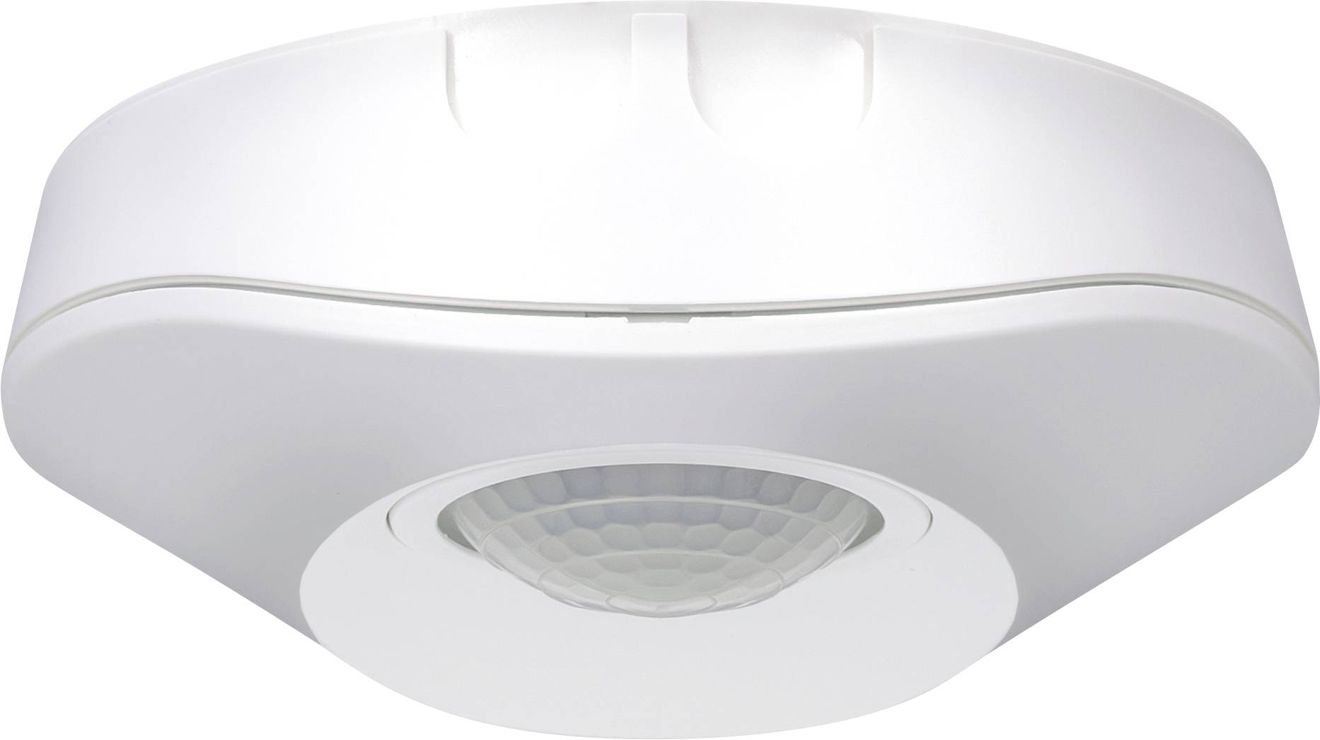 White round motion sensor ceiling light with a central lens and minimalist housing.