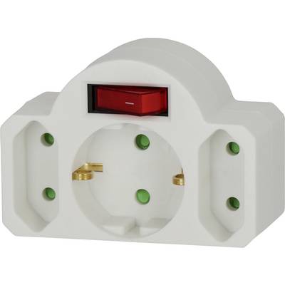 White three-outlet wall plug adapter with red indicator light and green screw holes<br>