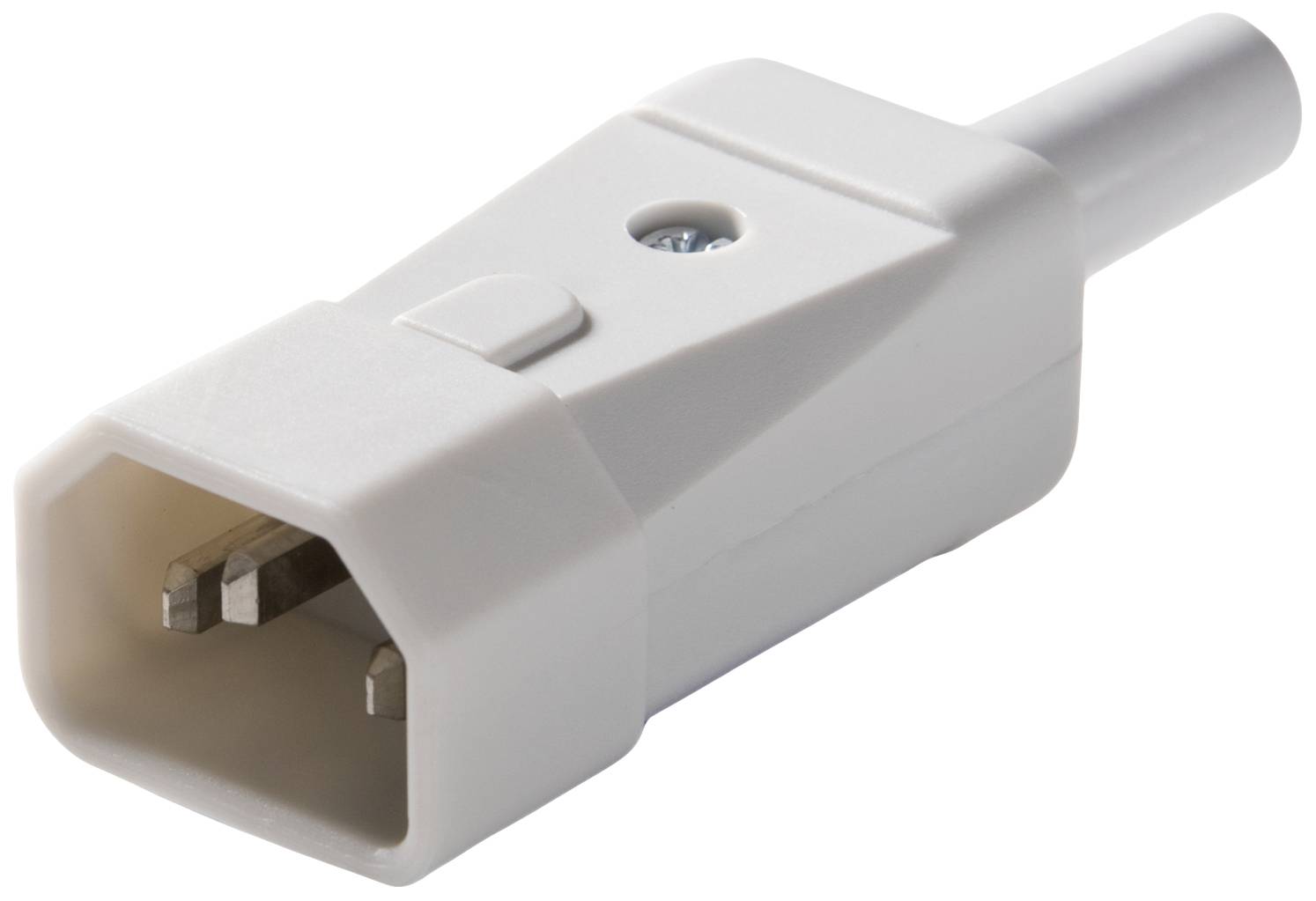A white electrical plug adapter with two metal pins and a switch in the centre.