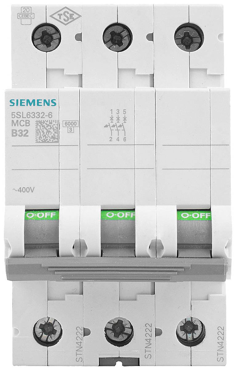 Siemens circuit breaker, model number 5SL6332-6, B32, 400V. Currently in 'OFF' state. Suitable for circuit protection.
