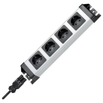 Four-way extension socket with black cable and black plug, suitable for electronic device connections.