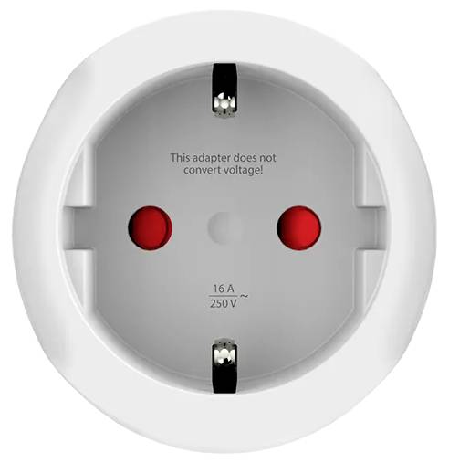Close-up of a plug adapter. In the centre it reads: 'This adapter does not convert voltage'. Load capacity: 16 A, 250 V.