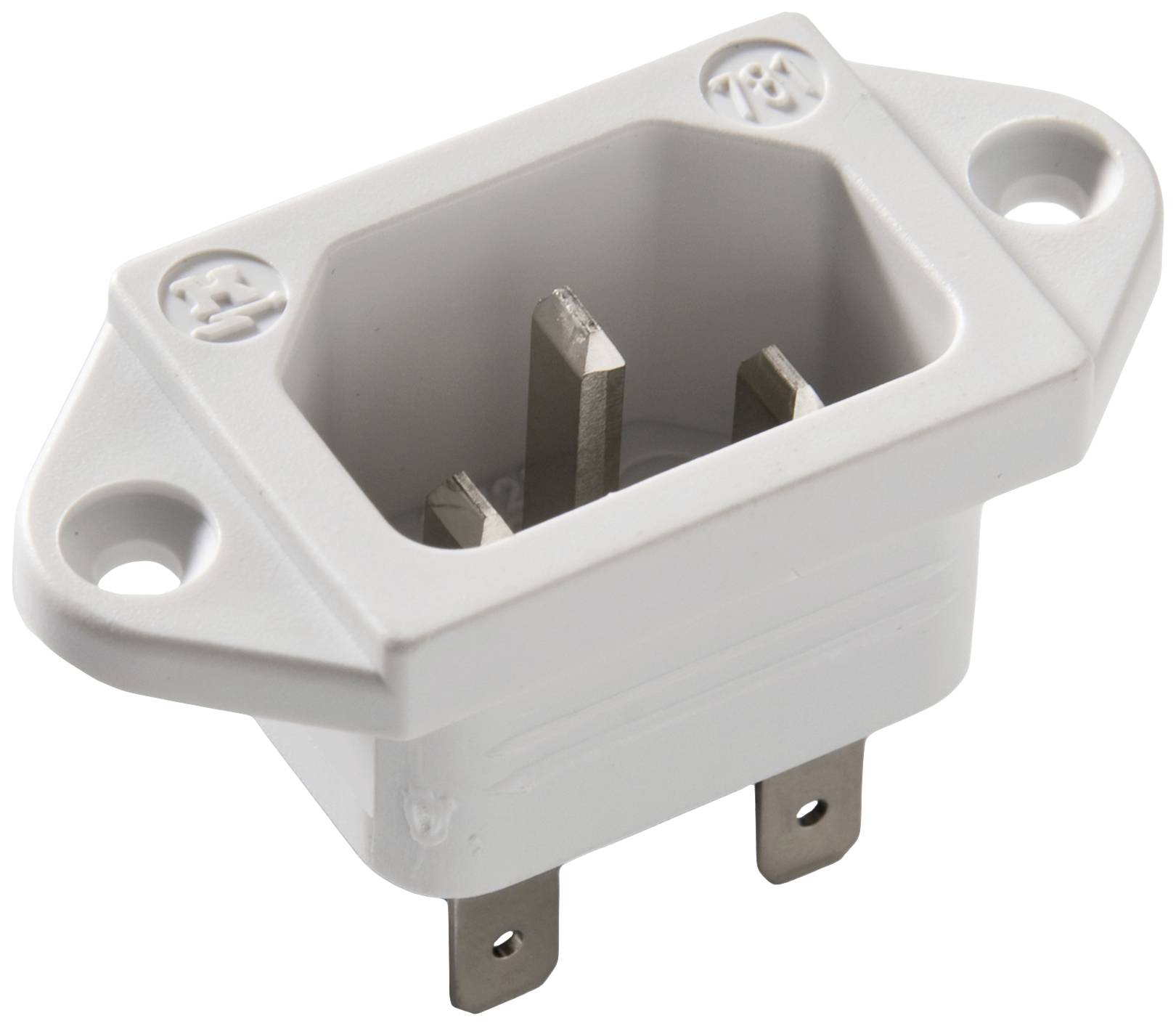 White plastic socket with two metal pins and mounting holes on the sides; suitable for specific electrical devices.