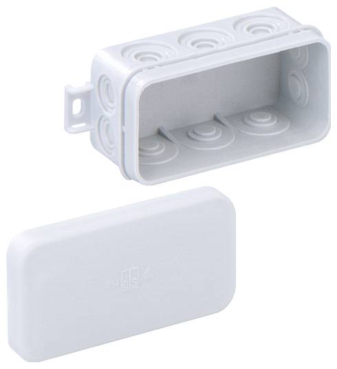 Rectangular white plastic enclosures, some with removable covers. Suitable for electrical installations in damp areas.