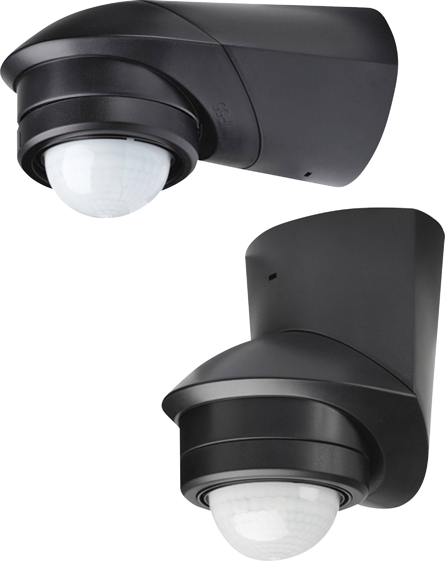 Two black wall-mounted motion sensor security lights with dome-shaped lenses on a white background.