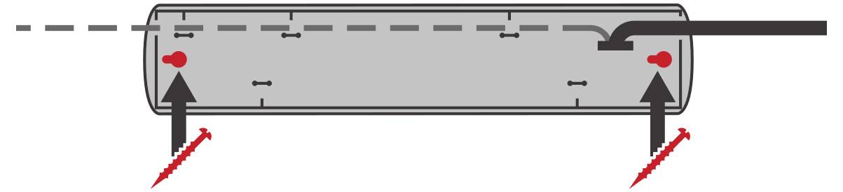 Diagram of a horizontal cylindrical tank with two end valves highlighted by upward black arrows and red dashed lines, indicating points of inspection or drainage.