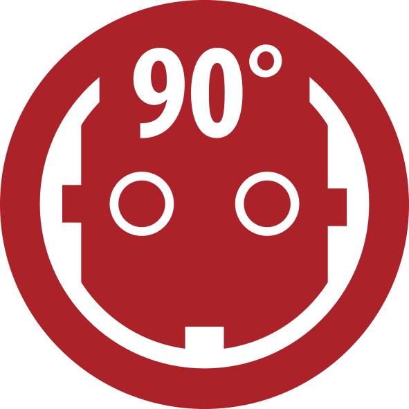 Red circular icon showing a white electrical outlet face with '90°' above it, indicating a 90-degree plug or socket orientation.<br>