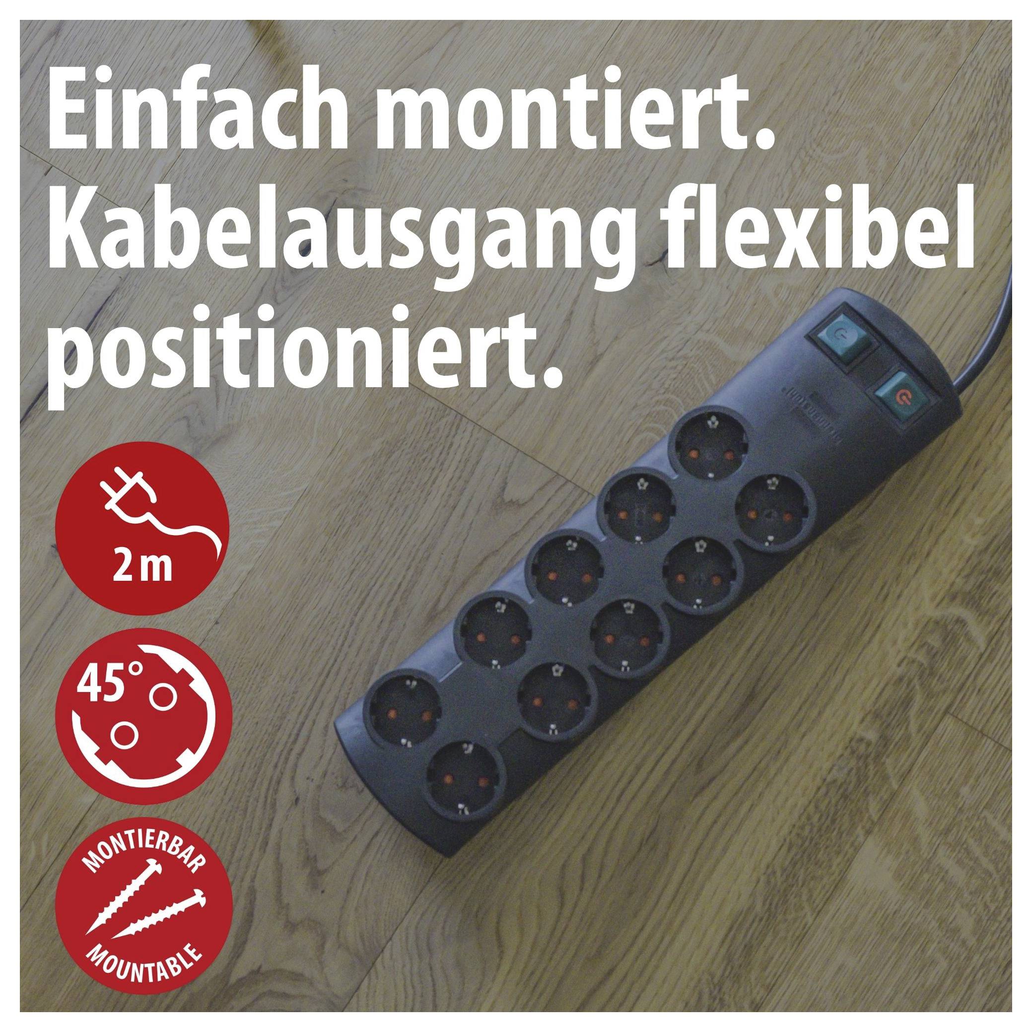 Power strip with flexible cable outlet; Text: 'Simply mounted. Cable outlet flexibly positioned.' Symbols: 2 m, 45°, mountable.