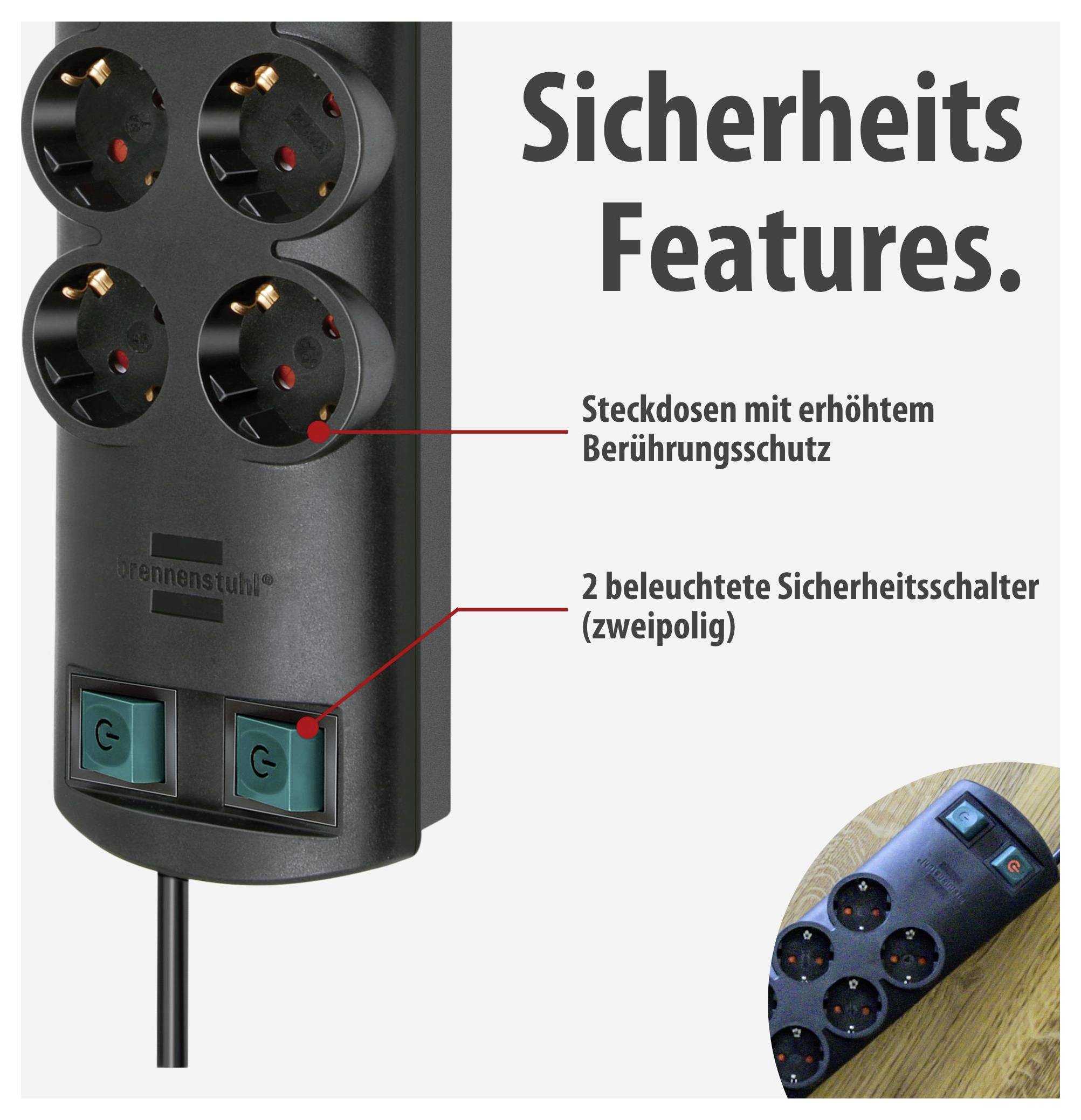 Illustration of a power strip with 'safety features': elevated contact safety and two illuminated two-pole safety switches; usage photograph in the lower right.