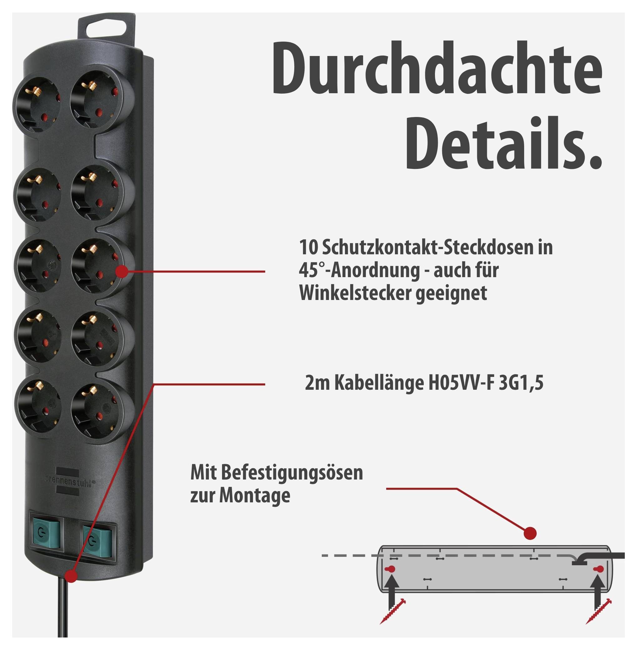 Advertising graphic of a black extension socket strip with 10 earthed sockets arranged at 45°, 2 m cable length and mounting lugs for installation.