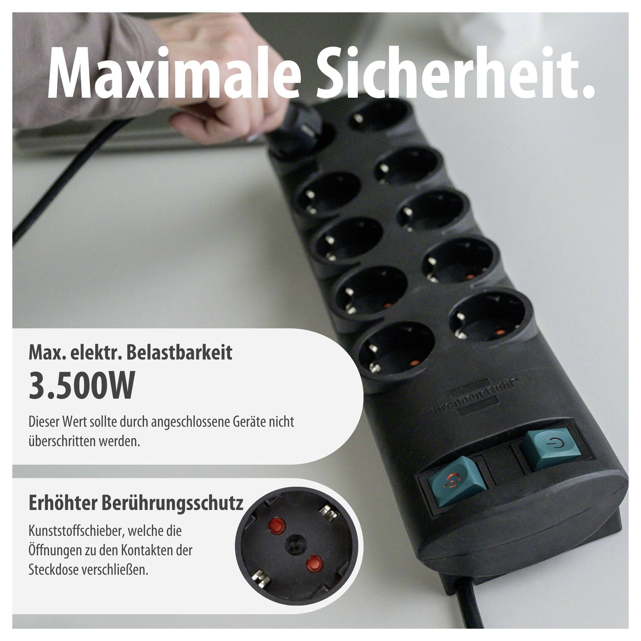 Advertisement for a power strip: 'Maximum Safety', maximum load capacity 3,500 W and enhanced contact protection through plastic shutters.