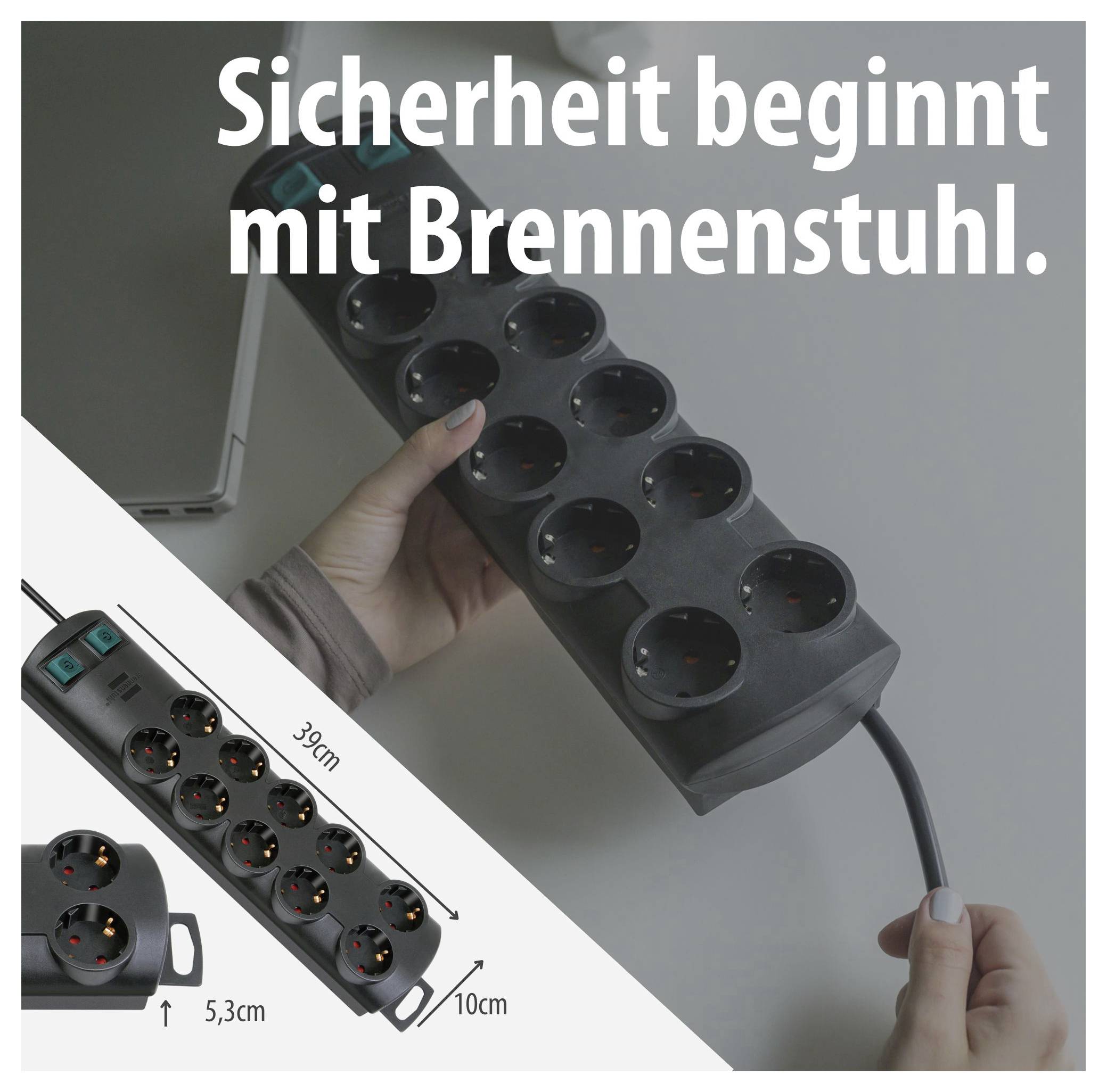 Advertisement for a Brennenstuhl power strip: Text 'Safety begins with Brennenstuhl.', shown multi-socket outlet with 8 sockets and dimensions 39 cm, 10 cm, 5.3 cm.
