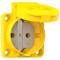 Yellow socket with cover in open position. Suitable for 16A, 250V.