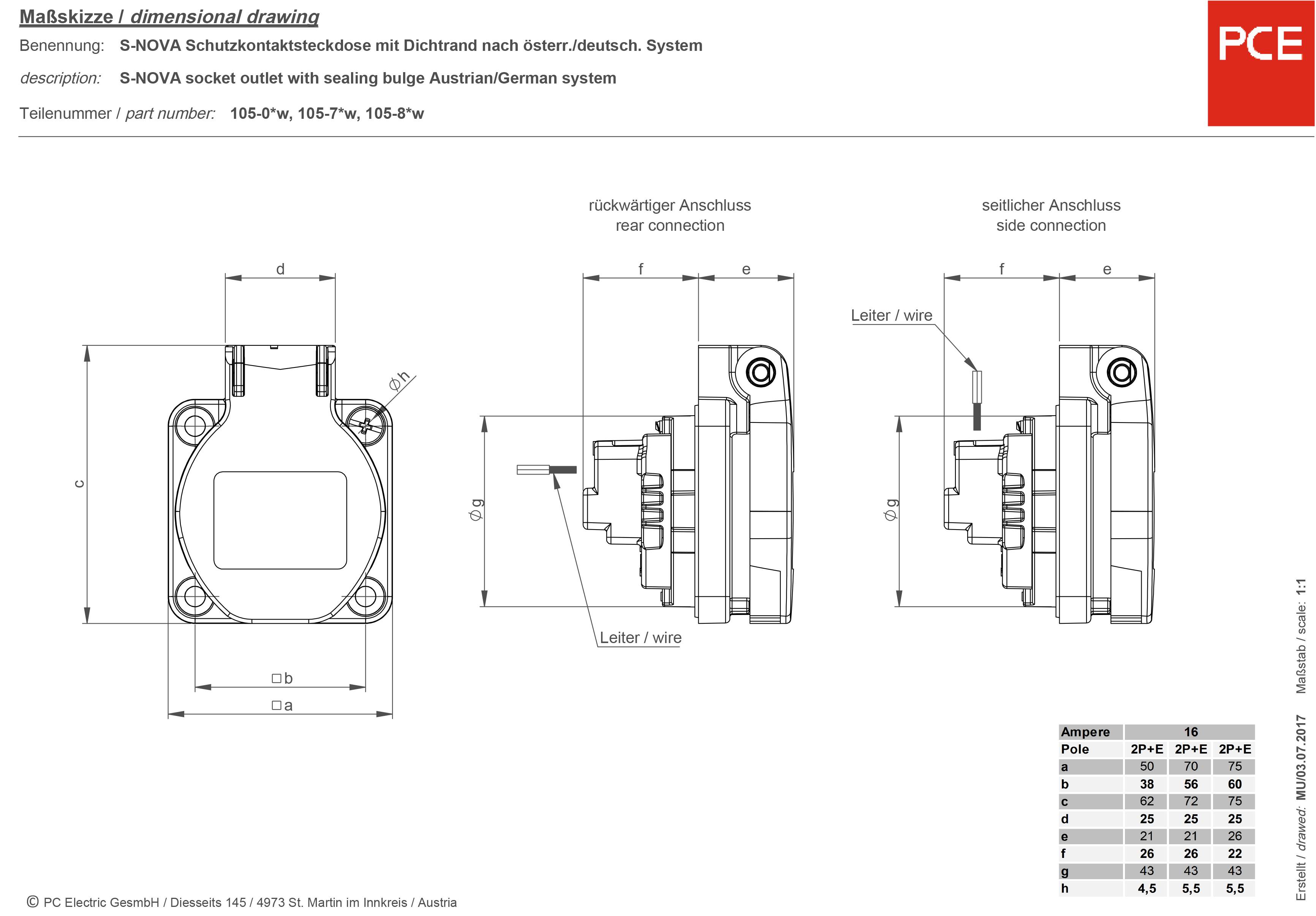 Technical drawing of a fire-resistant socket with sealing collar in the Austrian/German system. Shows rear and side connection. Dimensions and details illustrated.