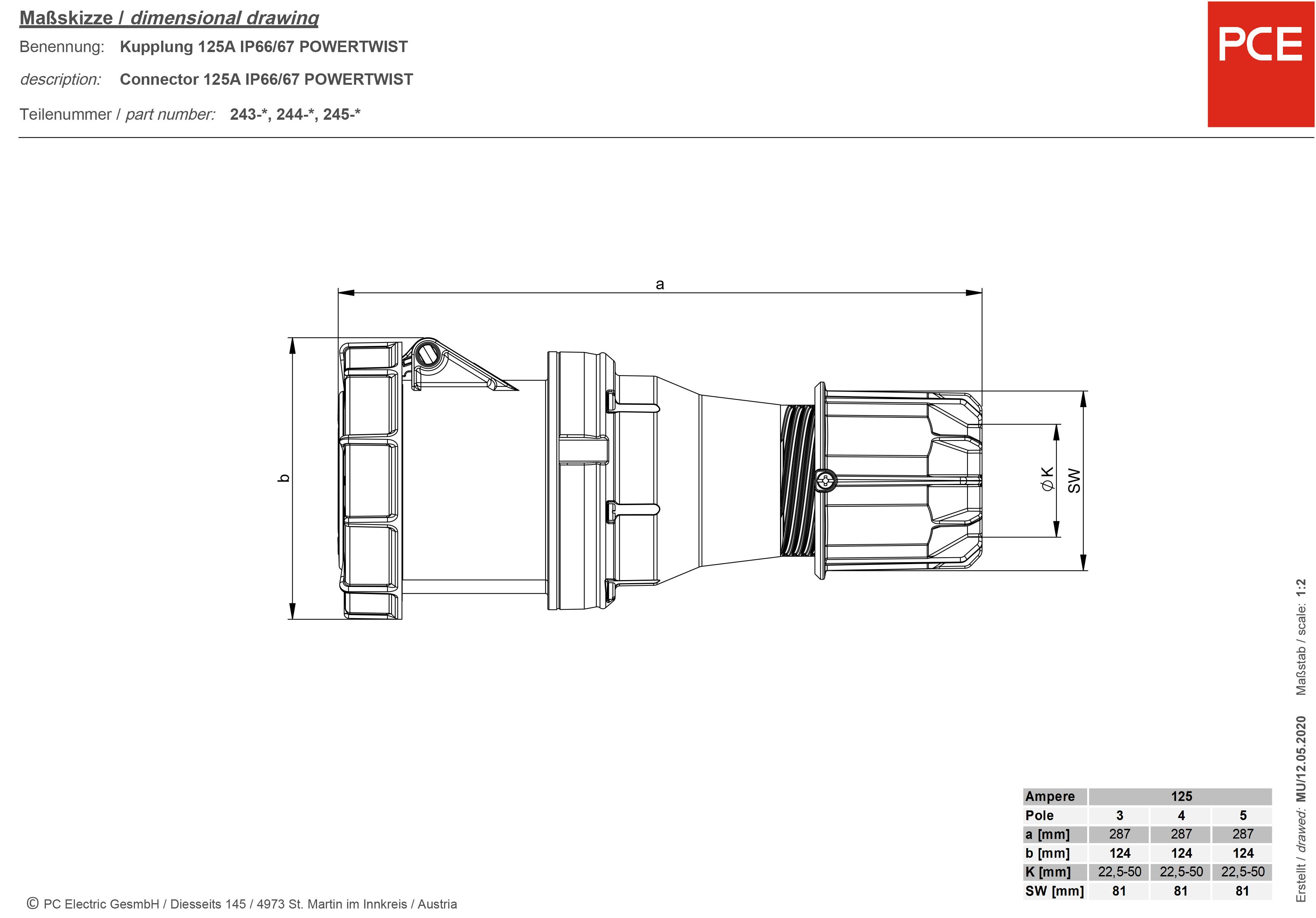 Technical drawing of a connector PCE 125A IP66/67 POWERTWIST. Details of dimensions, product numbers, and current rating.