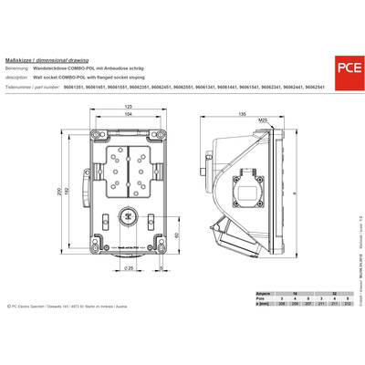 The drawing shows a wall socket with a flange-like angled flush-mounted socket. Dimensions are given in millimetres.