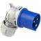 A blue three-pin CEE plug with white cable entry. Used in electrical connections for robust environments.