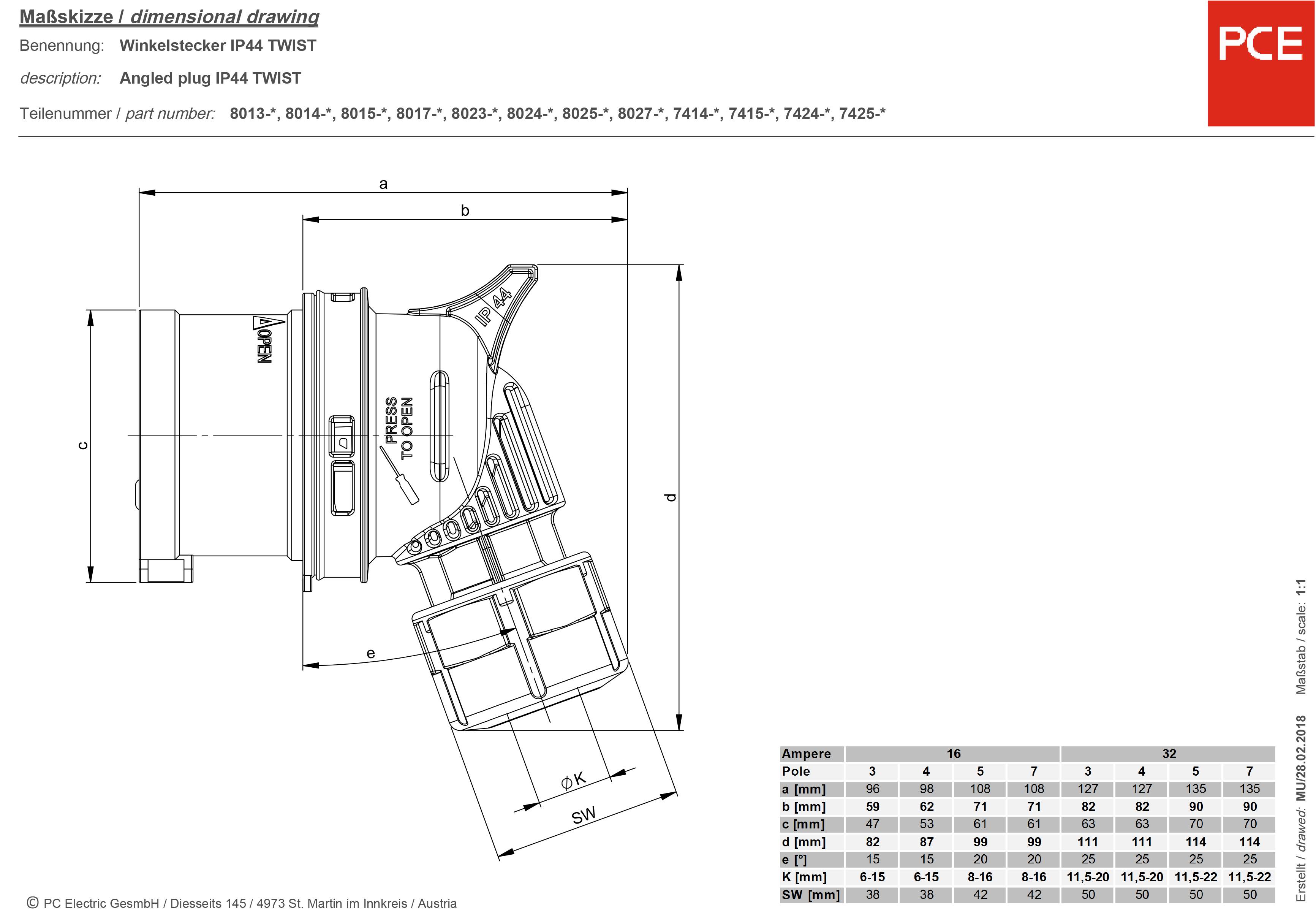 Technical drawing of an IP44 TWIST angled plug with dimensional specifications. Table displays sizes and specifications. PCE logo positioned in the top right corner.