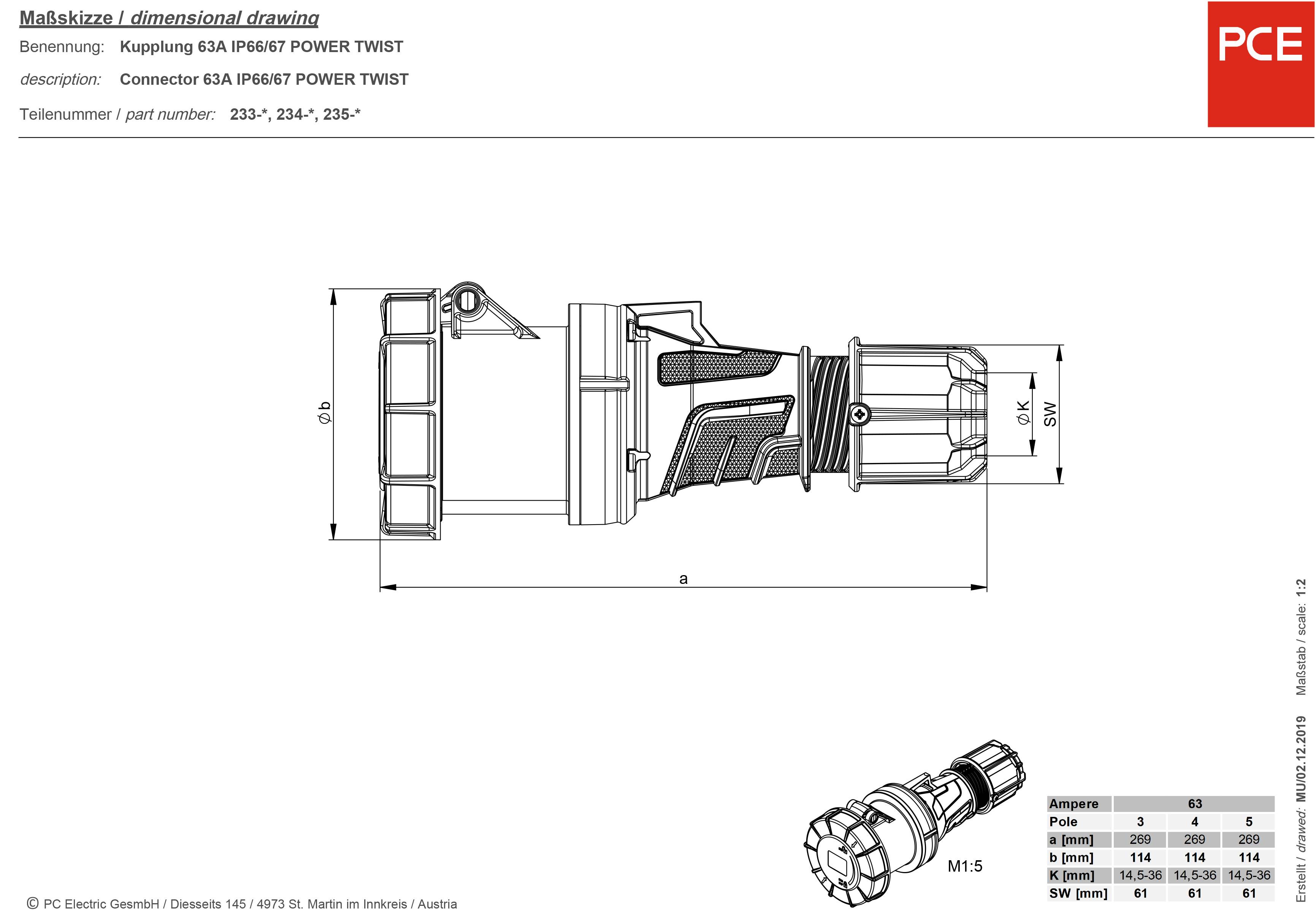 'Technical drawing of a coupling plug, 63A, IP66/67, POWER TWIST. Dimensions and technical details bottom right.'<br><br>Note: The translation is in British English and preserves the technical terminology and structure of the original German text.
