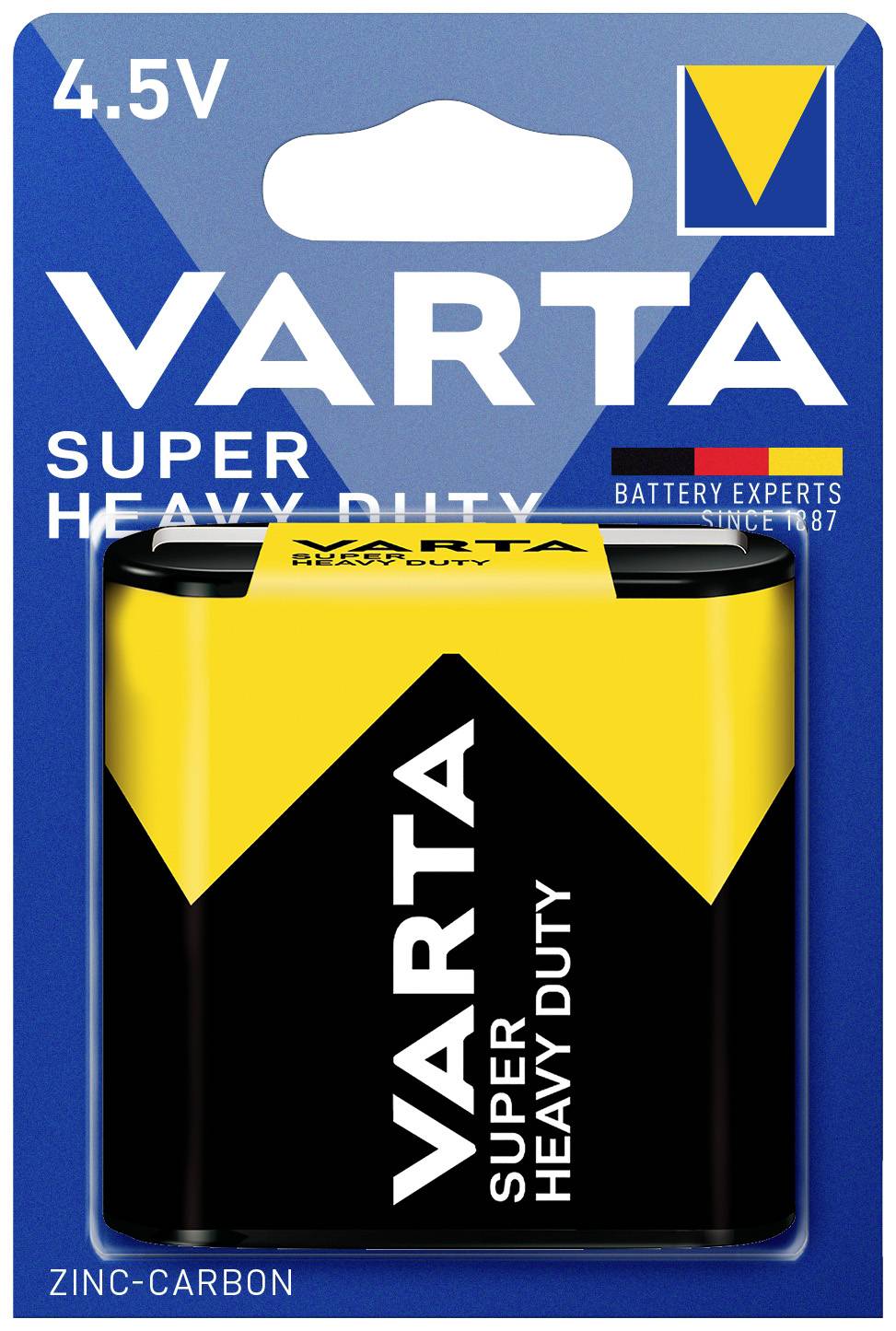 VARTA Super Heavy Duty Battery, 4.5V, Zinc-Carbon, in yellow and black packaging with a blue background.