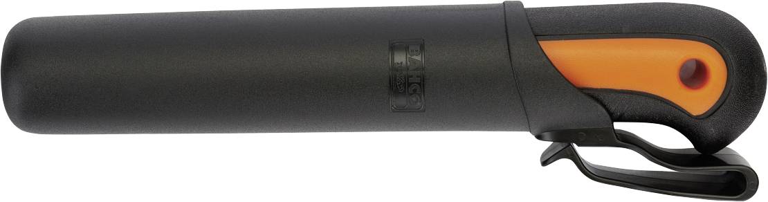 Black and orange knife sharpener with an ergonomic handle, suitable for safe use during outdoor activities.