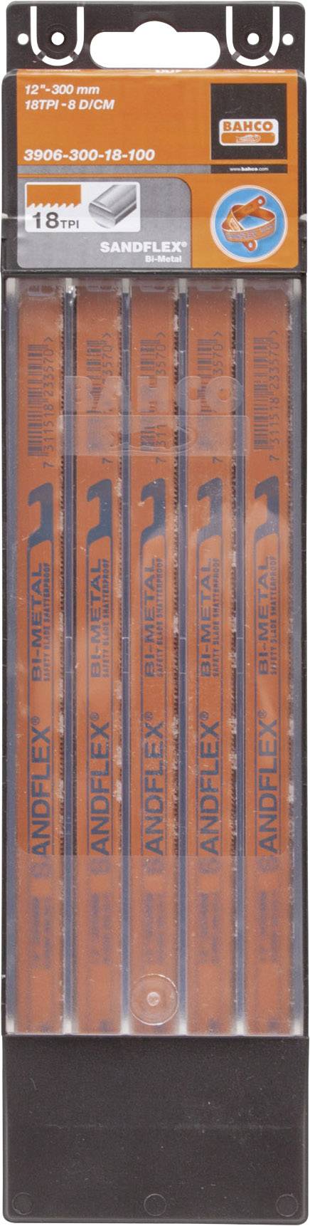 Pack of orange saw blades, Sandflex brand by Bahco, 300 mm length, 18 teeth per inch, suitable for metalworking.
