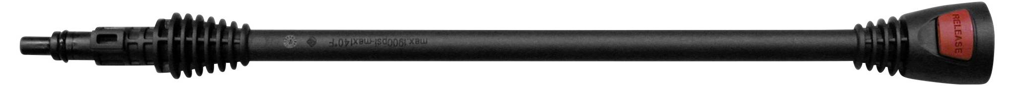 Black plastic lance for pressure washer, with red insert at the end; used to direct the water jet for cleaning purposes.