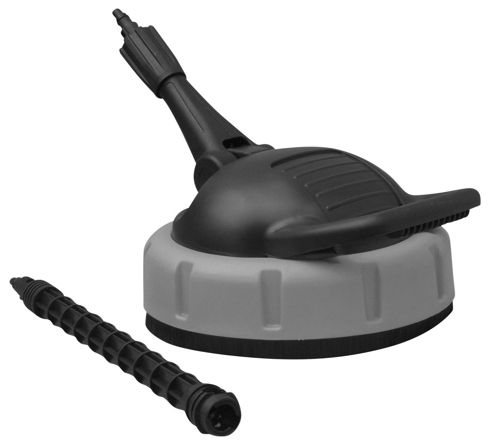 Surface cleaner with round brush head and handle, suitable for use with high-pressure cleaners, is supplied with extension rod.