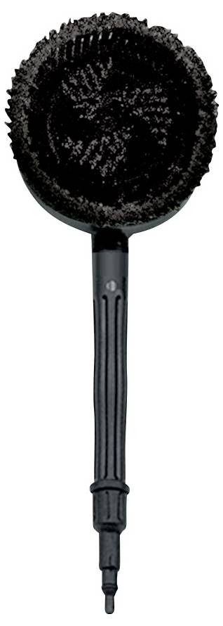 A round, black cleaning brush with a long, ribbed handle, suitable for car care.