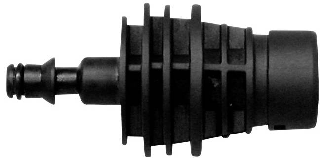 Black plastic component with multiple ribs that could belong to a pipe system. It has a tube-like end.