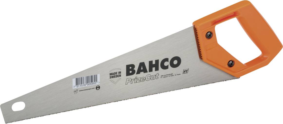 Handsaw with an orange handle, brand 'Bahco', model 'PrizeCut', manufactured in Sweden. Ideal for precise wood cutting.