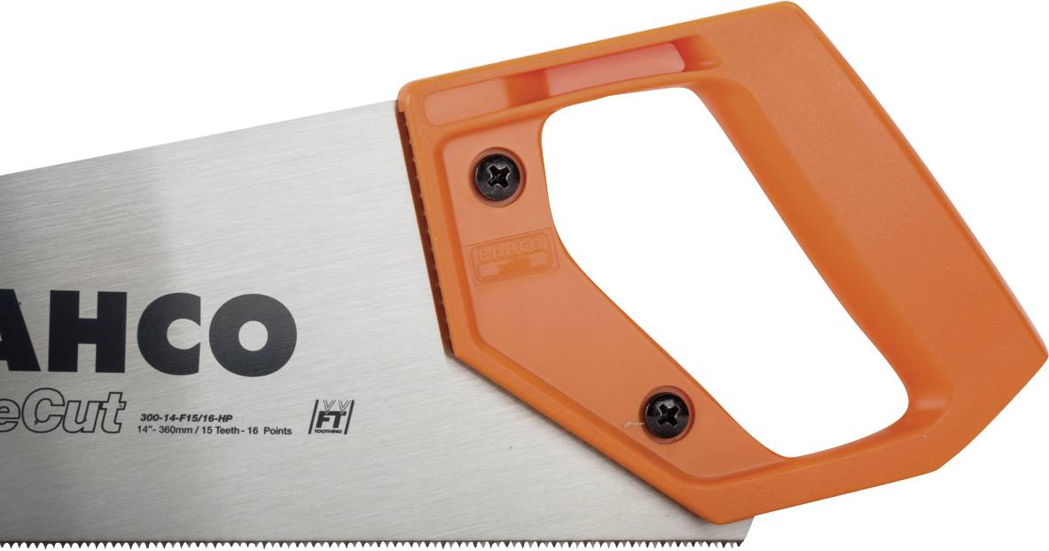 Handle of a handsaw with an orange grip, with part of the saw blade inscription 'AHCO' visible.