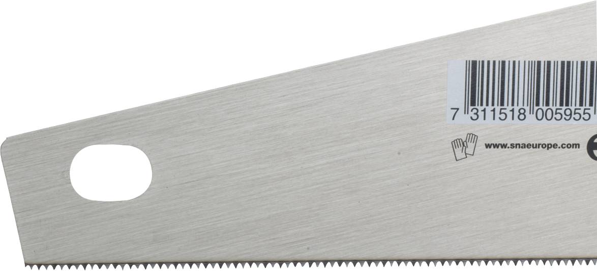 Metal saw blade with barcode and manufacturer's website printed, sharp edges visible.