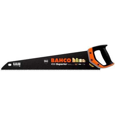 Bahco handsaw with a black blade and patterned handle. Inscription: 'Bahco Superior'. Suitable for precise cutting.