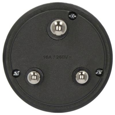 Close-up of a round black electrical plug with three metal prongs, labeled '16A / 250V'.