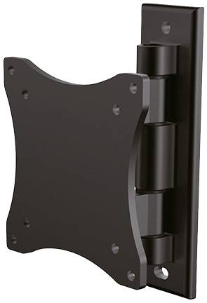 A black TV wall mount with a hinge, which allows the screen to be tilted, is mounted on a wall.