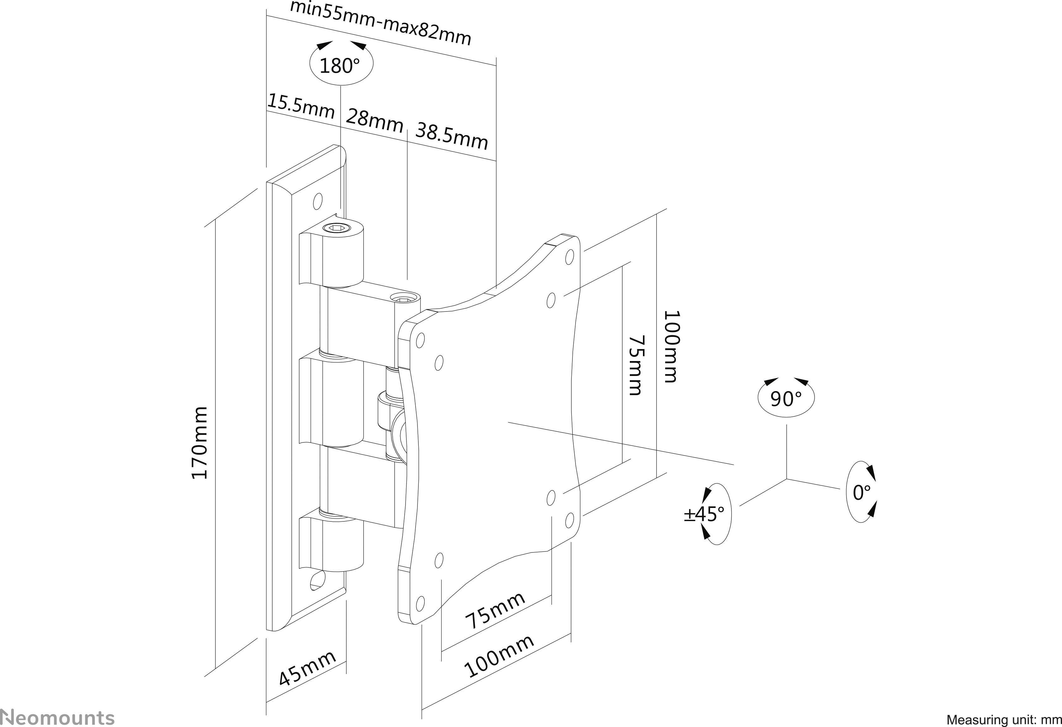 'Diagram of a tiltable and swivelling wall mount for monitors. Dimensions: 170mm height, 100mm width, tiltable up to 90°, swivellable 180°.'