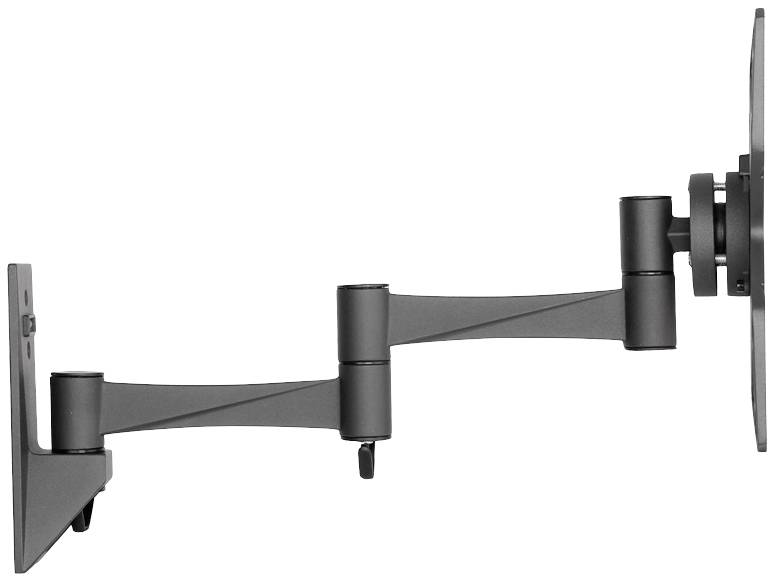 A black, adjustable monitor arm mounted on the wall. The arm features multiple joints for flexible positioning.