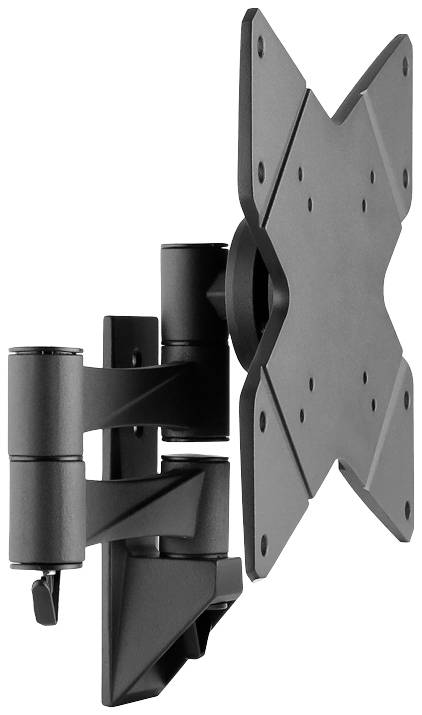 Wall mount for flat screen displays with articulating arm, black metal, compatible with various monitor sizes. Suitable for offices.