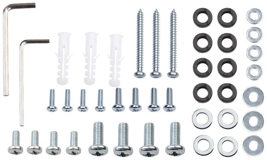 A set of fixing materials, including screws, wall plugs, washers and Allen keys, on a white background.