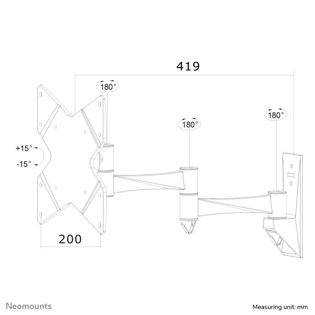 Technical Drawing of a Pivoting Monitor Arm. Dimensions: 419 mm length, 200 mm width. Tilt angle: ±15°, Rotation angle: 180°.