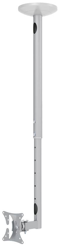 Silver ceiling mount for monitors or TV devices with adjustable height and tilt, suitable for various screen sizes.
