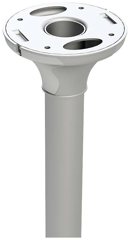 Metallic mounting bracket with a cylindrical base and a round mounting plate, suitable for attachment to ceilings or walls.