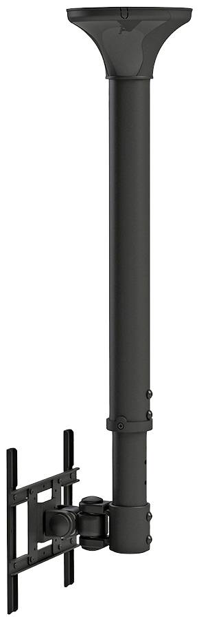 A black ceiling monitor mount with telescopic arm and VESA mounting, suitable for flat screens, industrial design.