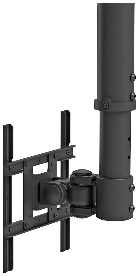 Black metal mounting bracket for attaching screens to a vertical pole, suitable for offices or production environments.