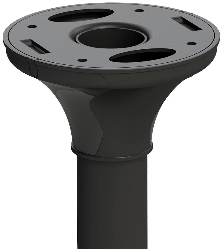 Black plastic base with openings and slots, likely for mounting or serving as a stand for a device.
