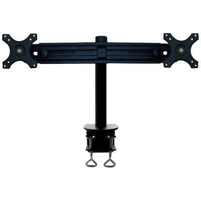 Black Dual Monitor Mount with VESA Brackets, adjustable, for desk attachment to improve ergonomics and save desk space.