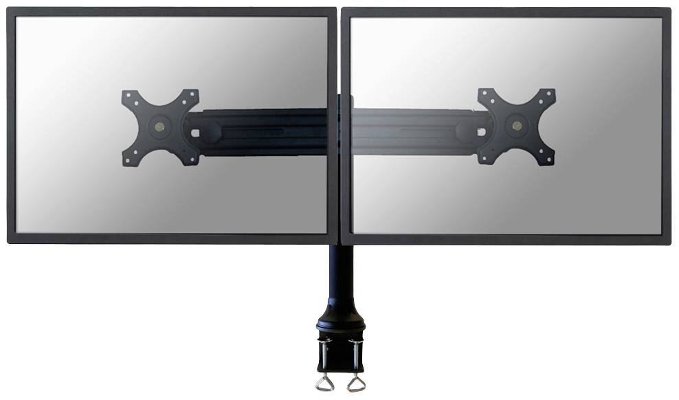 Two blank monitors on a dual mount, attached to a desk stand, viewed from the back of the screens.
