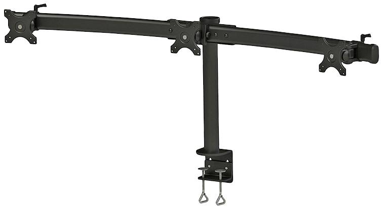 A double monitor arm in black metal for desk mounting, with two pivoting arms for flexible adjustment.