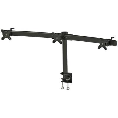 A double monitor arm in black metal for desk mounting, with two pivoting arms for flexible adjustment.